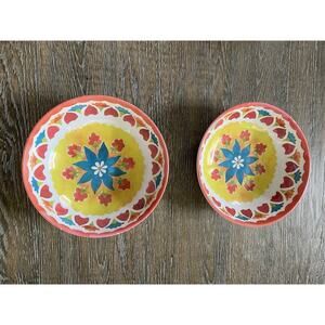 Tommy Bahama Coral Yellow Floral Medallion MELAMINE Salad Bowls Set Of 2 10”